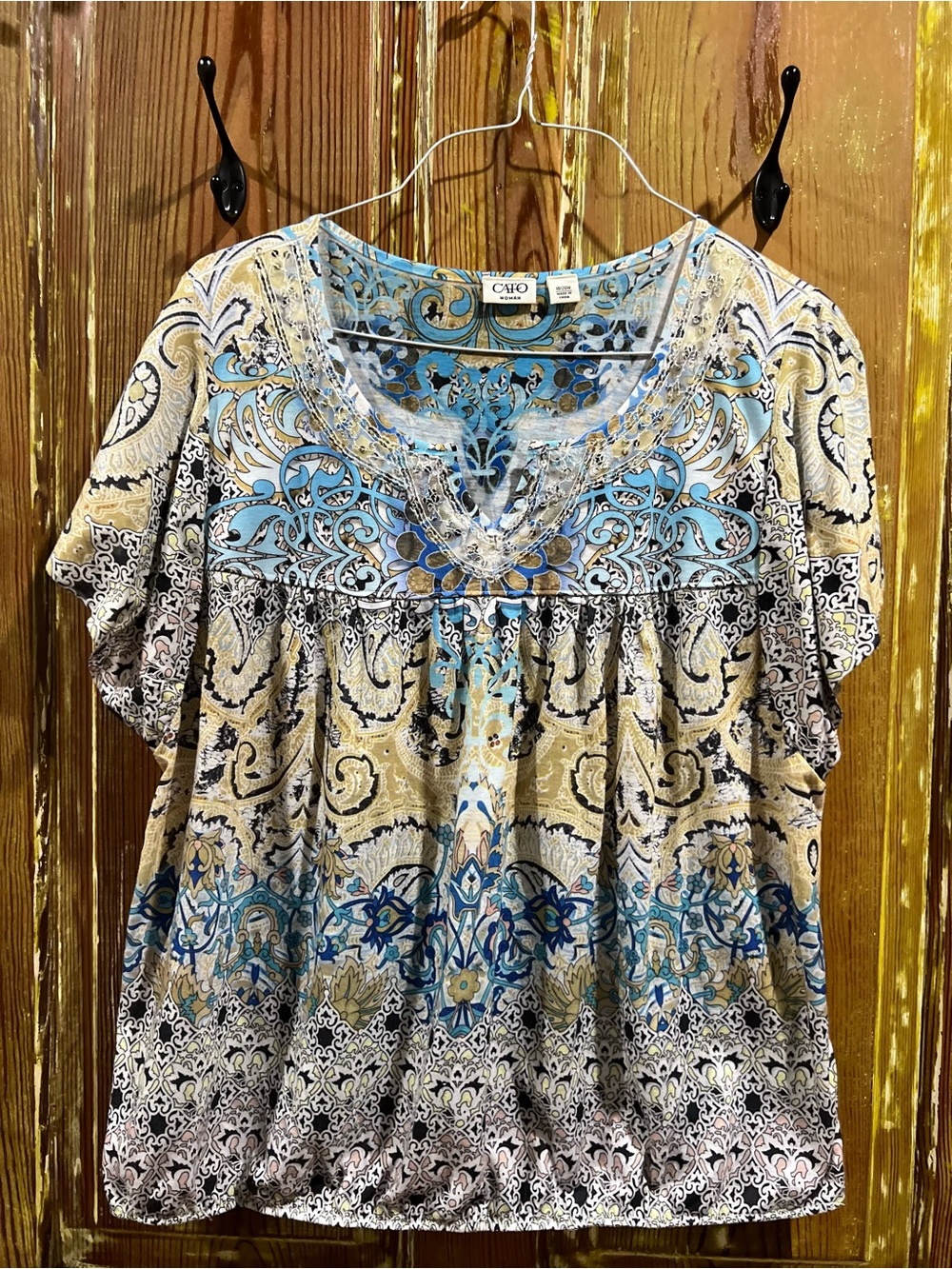 Cato Blue & Cream Printed Short Sleeve Top